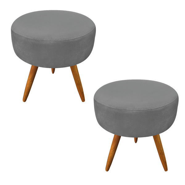 Kit 2 Puffs Banqueta Redonda Nina Suede Pés Palito Castanho -