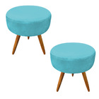 Kit 2 Puffs Banqueta Redonda Nina Veludo Azul Turquesa Pés Pa