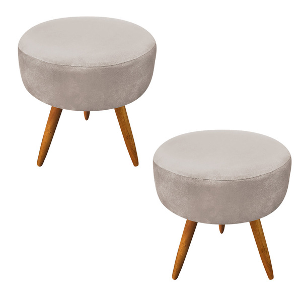 Kit 2 Puffs Banqueta Redonda Nina Veludo Pés Palito Castanho