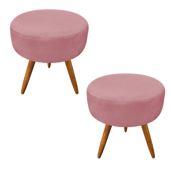 Kit 2 Puffs Banqueta Redonda Nina Veludo Rosê Pés Palito Cast