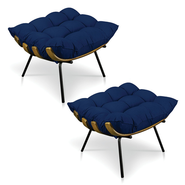 Kit 2 Puffs Costela Suede Base Metálica - Pallazio - Azul Mar