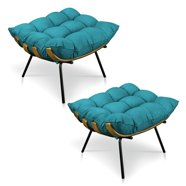 Kit 2 Puffs Costela Suede Base Metálica - Pallazio - Azul Tur