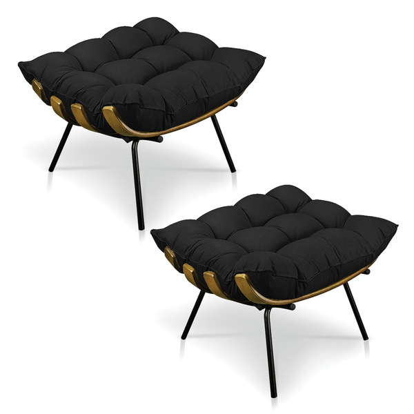 Kit 2 Puffs Costela Suede Preto Base Metálica - Pallazio