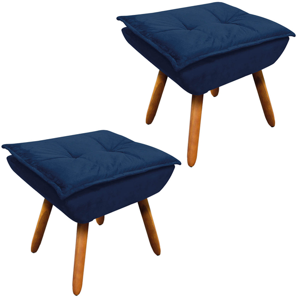 Kit 2 Puff's Decorativos Pés Palito Charger Suede Azul Marinh