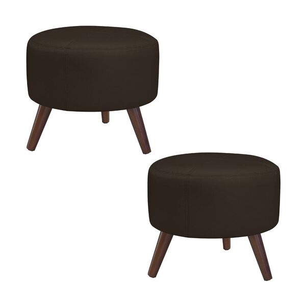 Kit 2 Puffs Decorativos Redondo Pés Palito Couro Marrom G58 -