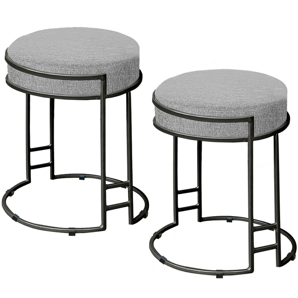 Kit 2 Puffs Decorativos Redondo Sakura Base Metal Preto Linho