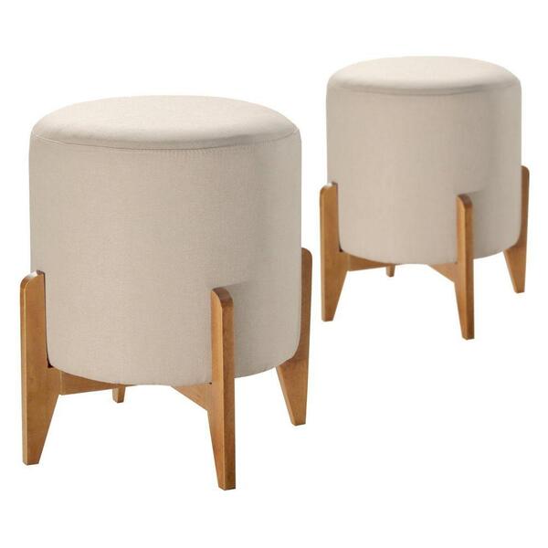 Kit 2 Puffs Em Linho Redondo Otavio Linho Bege Claro