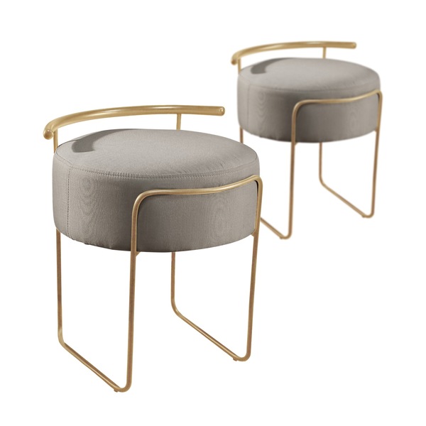Kit 2 Puffs Redondo Ivar Em Linho E Base Metal Dourado Agarb