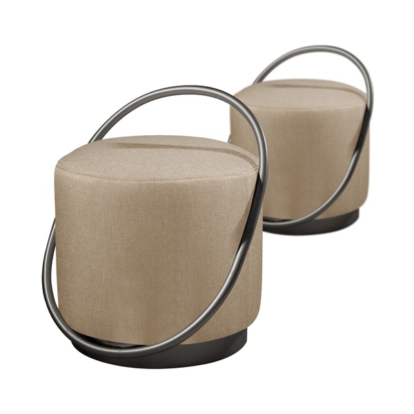 Kit 2 Puffs Redondo Lunar Em Linho E Base Metal Preto Agarb D