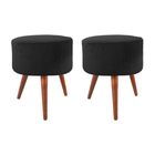 Kit 2 Puffs Redondos Loren Em Tecido Veludo Preto E Pés Em Ma