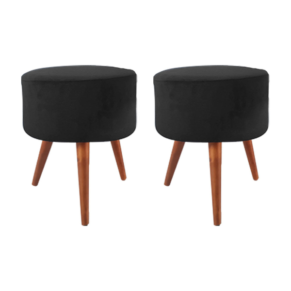 Kit 2 Puffs Redondos Loren Em Tecido Veludo Preto E Pés Em Ma