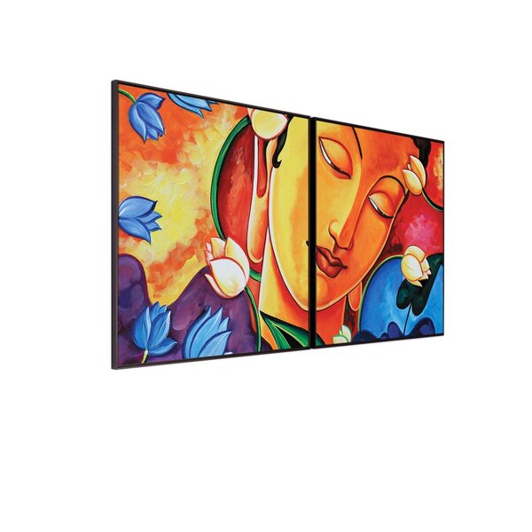 Kit 2 Quadro Tela Decorativa Com Moldura Buda E Flores - 70x7