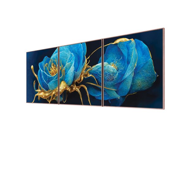 Kit 2 Quadro Tela Decorativa Com Moldura Flor Rosa Azul - 70x