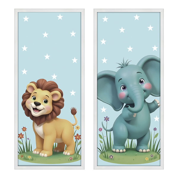 Kit 2 Quadros 25x60 Infantil Safari Estrelado Moldura Branca