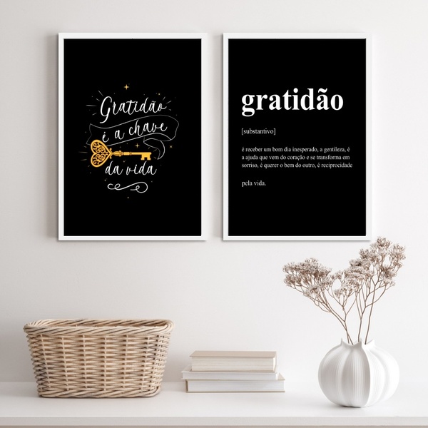 Kit 2 Quadros A Gratidão É A Chave da vida 24x18cm - Com Vidr