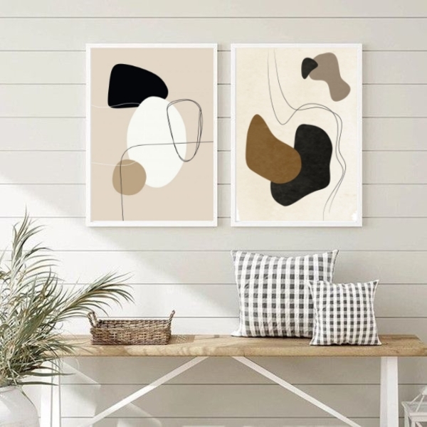 Kit 2 Quadros Abstratos- Preto Cinza Bege Marrom 33x24cm - Co