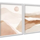 Kit 2 Quadros Abstratos Aquarela Paisagem Bege 45x34cm Moldur