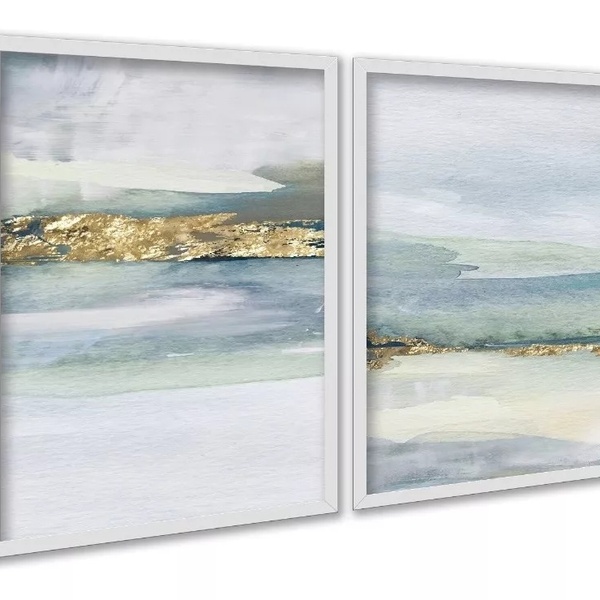 Kit 2 Quadros Abstratos Aquarela Verde Dourado 45x34cm Moldur