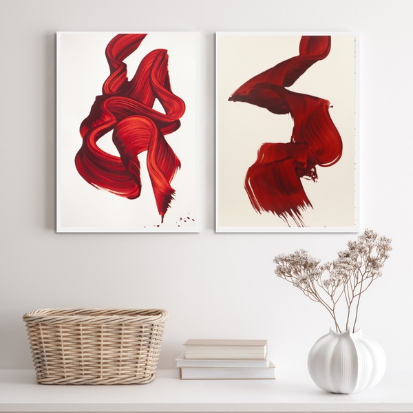 Kit 2 Quadros Abstratos Arte Moderna Vermelhos 45x34cm Moldur