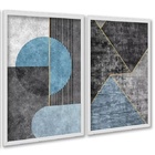 Kit 2 Quadros Abstratos Azul E Cinza Cimento 33x24cm Moldura