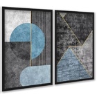Kit 2 Quadros Abstratos Azul E Cinza Cimento 45x34cm Moldura