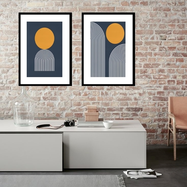 Kit 2 Quadros Abstratos Azul E Ocre - 60x48cm Moldura:madeira