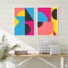 Kit 2 Quadros Abstratos Azul Rosa Amarelo 33x24cm Moldura:mad