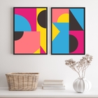 Kit 2 Quadros Abstratos Azul Rosa Amarelo 33x24cm Moldura:mad