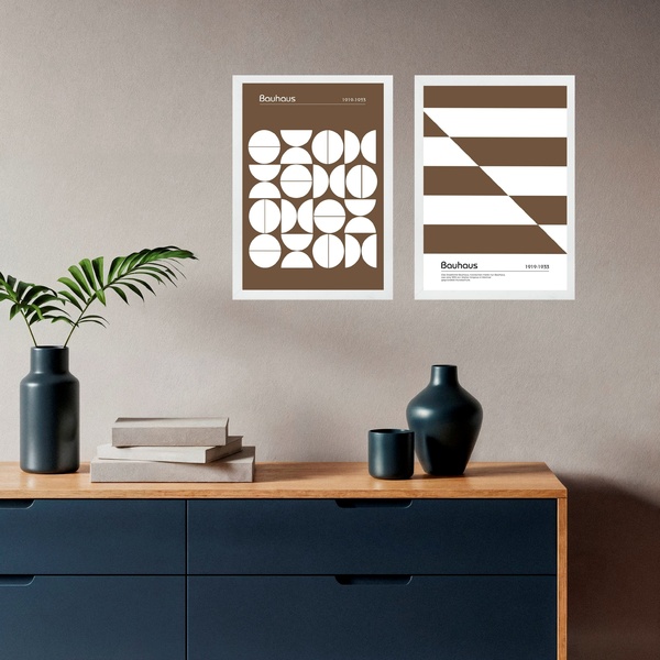 Kit 2 Quadros Abstratos Bauhaus - Marrom E Branco 45x34cm - C
