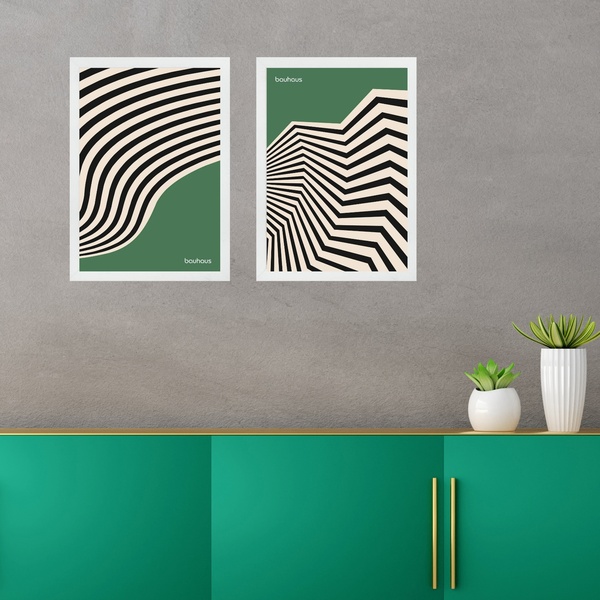 Kit 2 Quadros Abstratos Bauhaus Verde E Preto 33x24cm Moldura