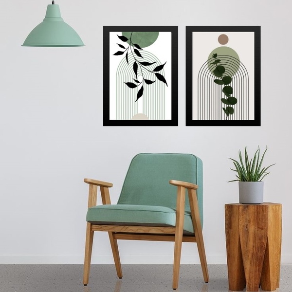 Kit 2 Quadros Abstratos Boho Folhas Soft 33x24cm - Com Vidro