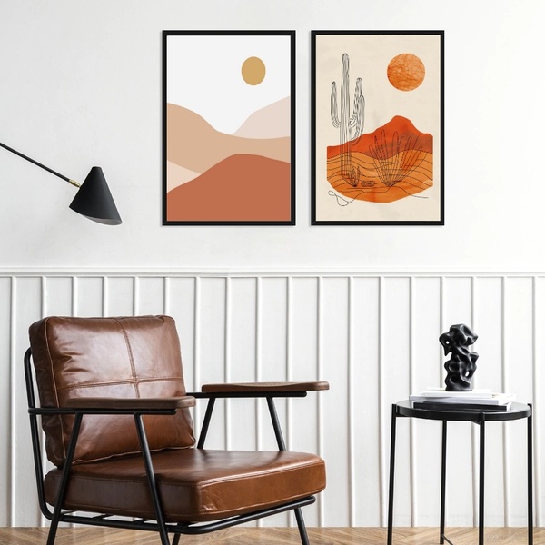 Kit 2 Quadros Abstratos Cacto Deserto 45x34cm - Com Vidro Mol