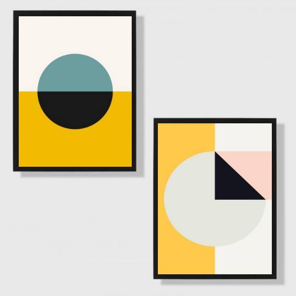 Kit 2 Quadros Abstratos Círculos 33x24cm - Com Vidro Moldura: