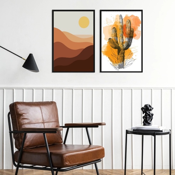 Kit 2 Quadros Abstratos Deserto E Cacto 33x24cm Moldura Preta
