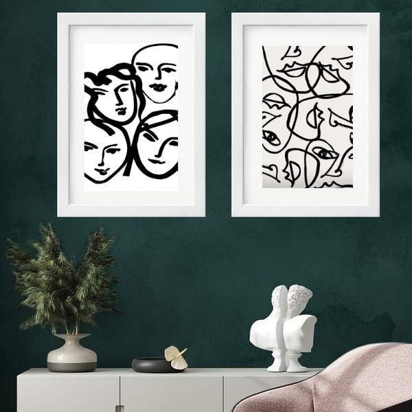 Kit 2 Quadros Abstratos Faces - 60x48cm Moldura:madeira Branca