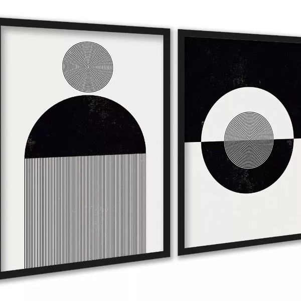Kit 2 Quadros Abstratos Formas E Linhas Preto E Branco 24x18c