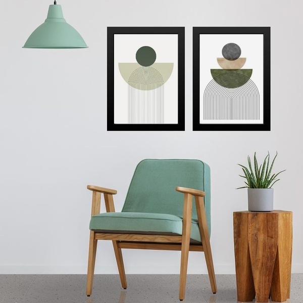 Kit 2 Quadros Abstratos Formas Orgânicas Verde 24x18cm Moldur