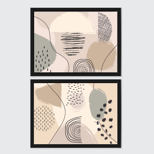 Kit 2 Quadros Abstratos Horizontais Suaves 45x34cm - Com Vidr