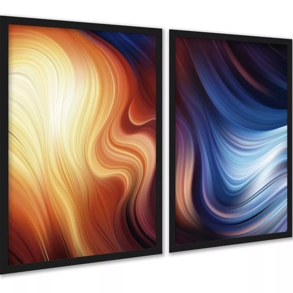 Kit 2 Quadros Abstratos Laranja Azul Ondas 45x34cm Moldura Br