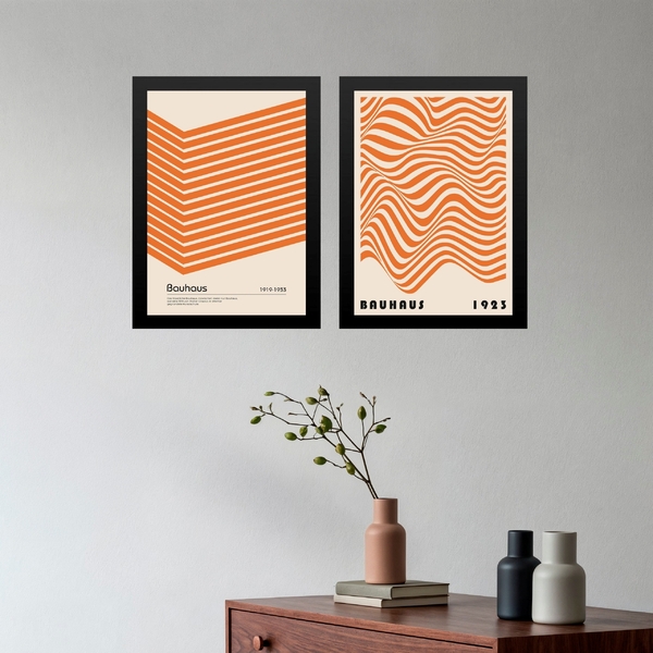 Kit 2 Quadros Abstratos Laranja E Bege - Bauhaus 24x18cm - Co