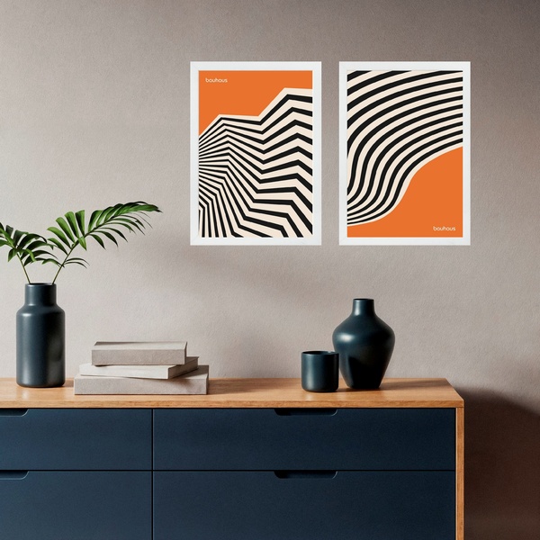 Kit 2 Quadros Abstratos Laranja E Preto - Bauhaus Curvas 24x1