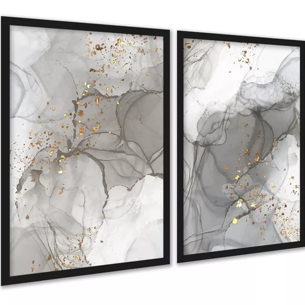Kit 2 Quadros Abstratos Luxo Mármore Cinza 45x34cm - Com Vidr