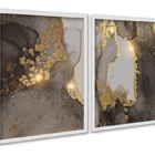 Kit 2 Quadros Abstratos Marmore Dourado Marrom 24x18cm Moldur