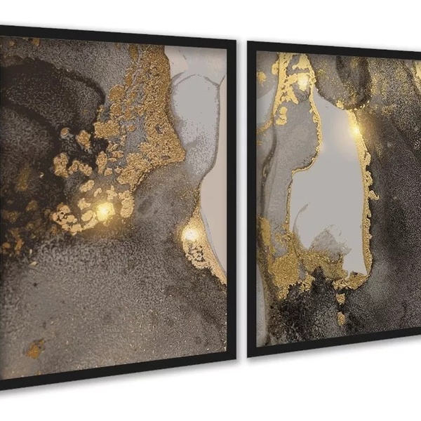 Kit 2 Quadros Abstratos Marmore Dourado Marrom 45x34cm Moldur