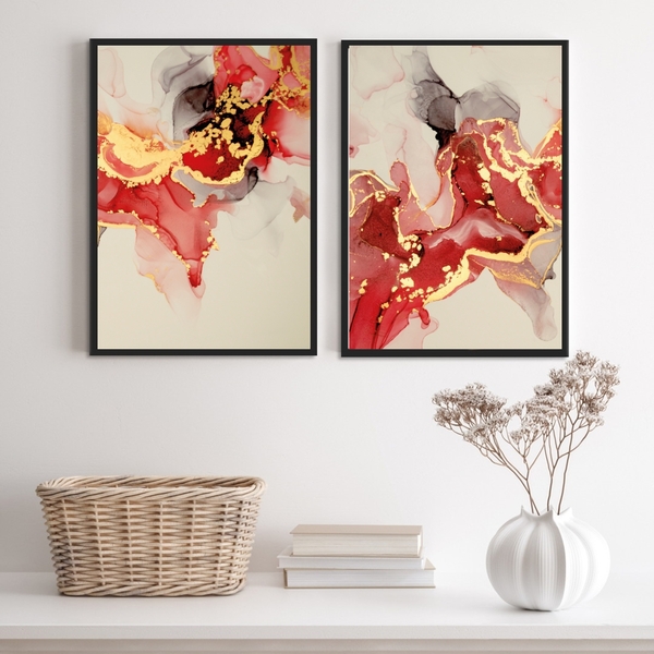 Kit 2 Quadros Abstratos Mármore Vermelho e dourado 33x24cm Mo
