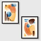 Kit 2 Quadros Abstratos Marrom Com Azul 24x18cm - Com Vidro M