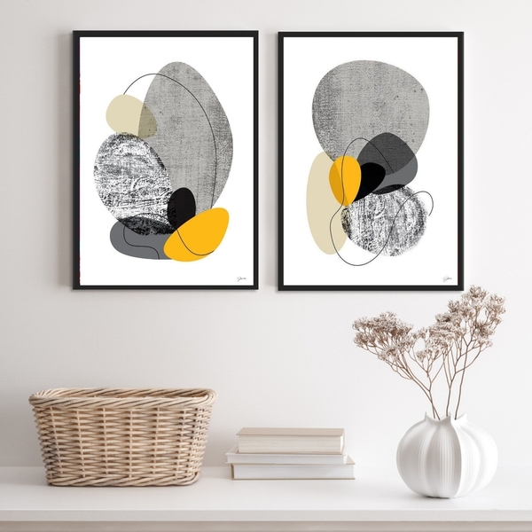 Kit 2 Quadros Abstratos Minimalistas Preto Cinza Amarelo 45x3