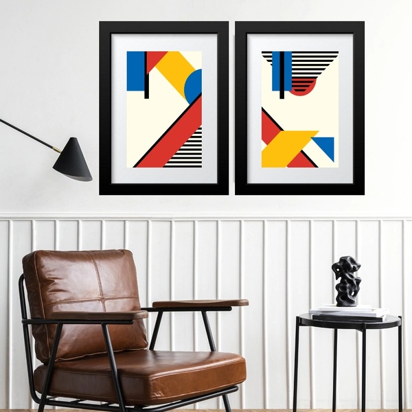 Kit 2 Quadros Abstratos Mondrian - 60x48cm Moldura:madeira Pr