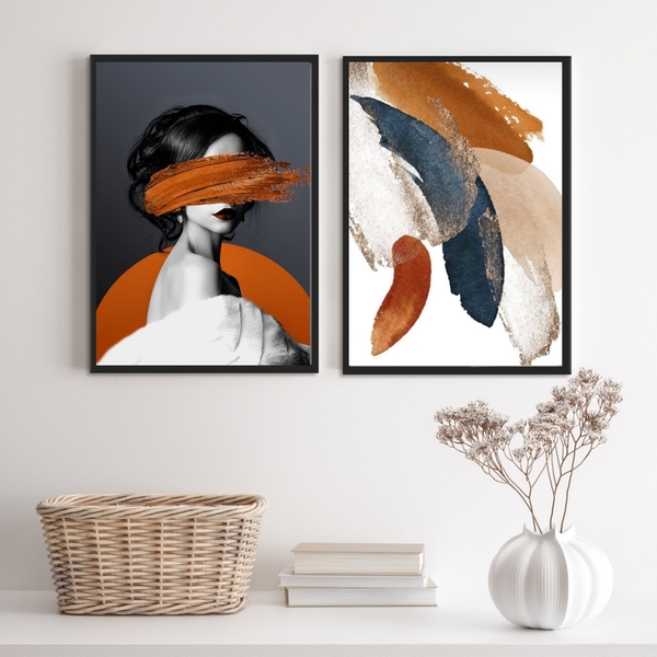 Kit 2 Quadros Abstratos Mulher Marrom e cinza 24x18cm Moldura