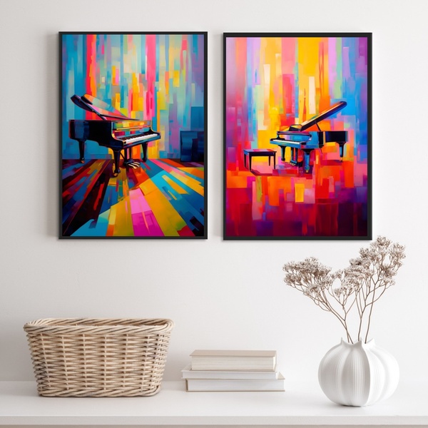 Kit 2 Quadros Abstratos Piano 33x24cm Moldura Preta